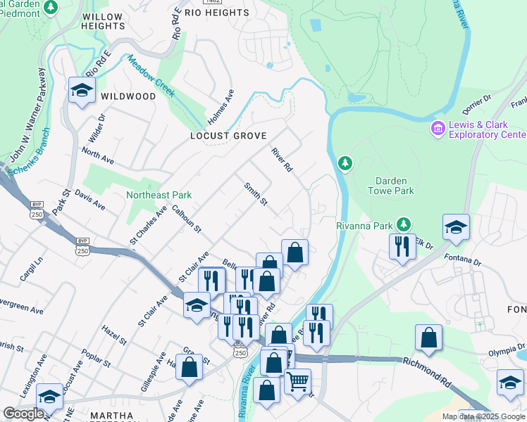 map of restaurants, bars, coffee shops, grocery stores, and more near in Charlottesville