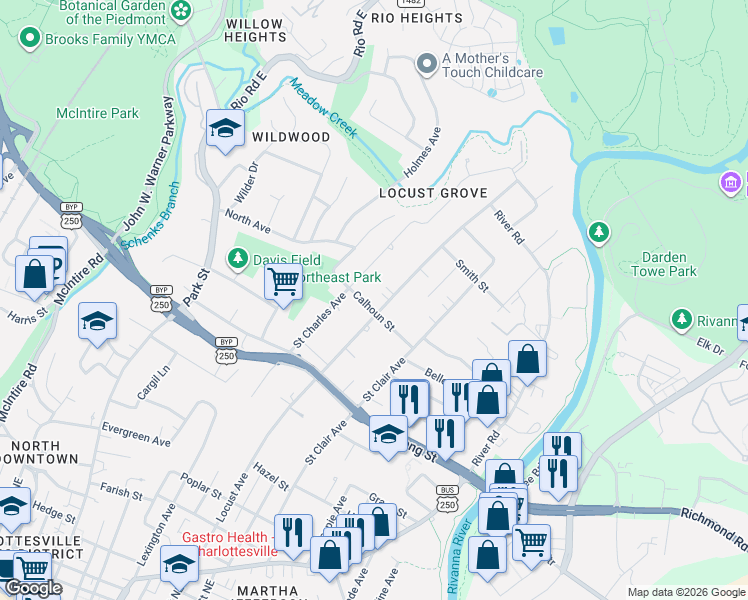 map of restaurants, bars, coffee shops, grocery stores, and more near 1010 Saint Charles Avenue in Charlottesville