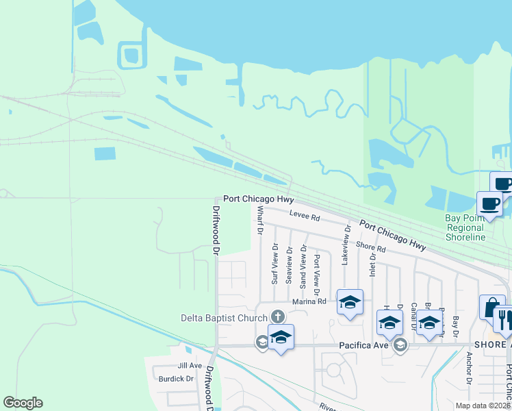map of restaurants, bars, coffee shops, grocery stores, and more near 1 Wharf Drive in Bay Point