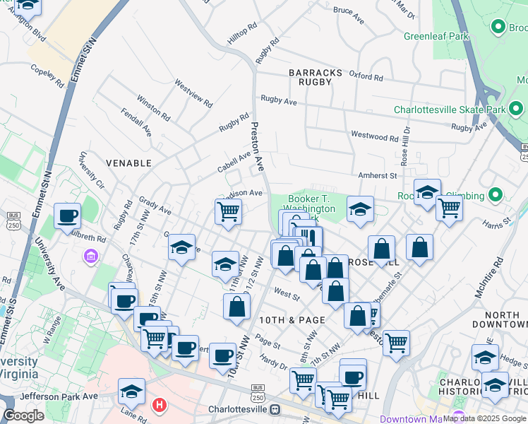 map of restaurants, bars, coffee shops, grocery stores, and more near 1031 Preston Avenue in Charlottesville