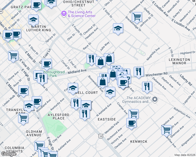 map of restaurants, bars, coffee shops, grocery stores, and more near 270 Midland Avenue in Lexington