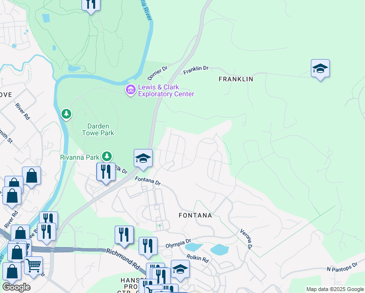 map of restaurants, bars, coffee shops, grocery stores, and more near 1444 Terrace Lane in Charlottesville