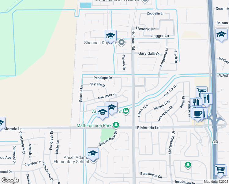 map of restaurants, bars, coffee shops, grocery stores, and more near 3335 Salvatore Lane in Stockton