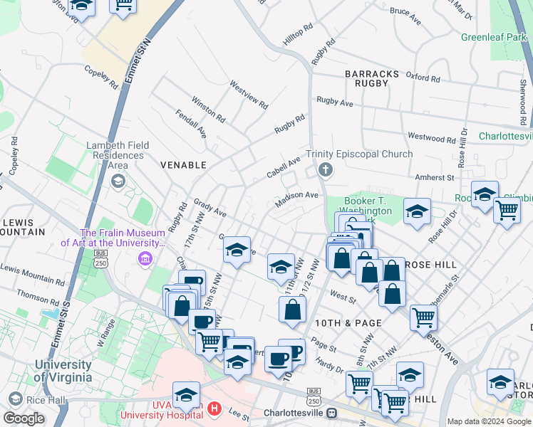 map of restaurants, bars, coffee shops, grocery stores, and more near 621 Madison Avenue in Charlottesville