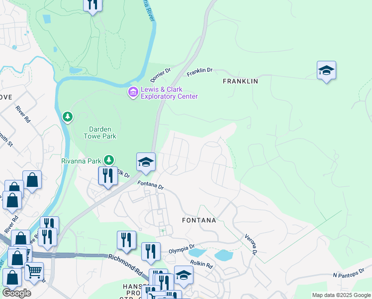 map of restaurants, bars, coffee shops, grocery stores, and more near 1444 Terrace Lane in Charlottesville