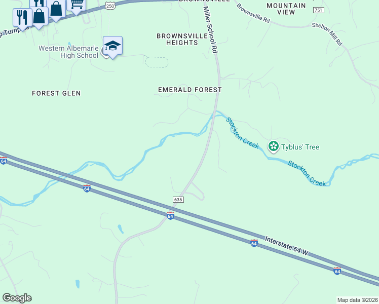map of restaurants, bars, coffee shops, grocery stores, and more near 318 Miller School Road in Charlottesville