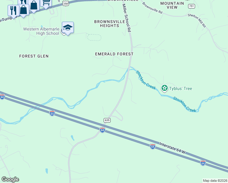 map of restaurants, bars, coffee shops, grocery stores, and more near 318 Miller School Road in Charlottesville