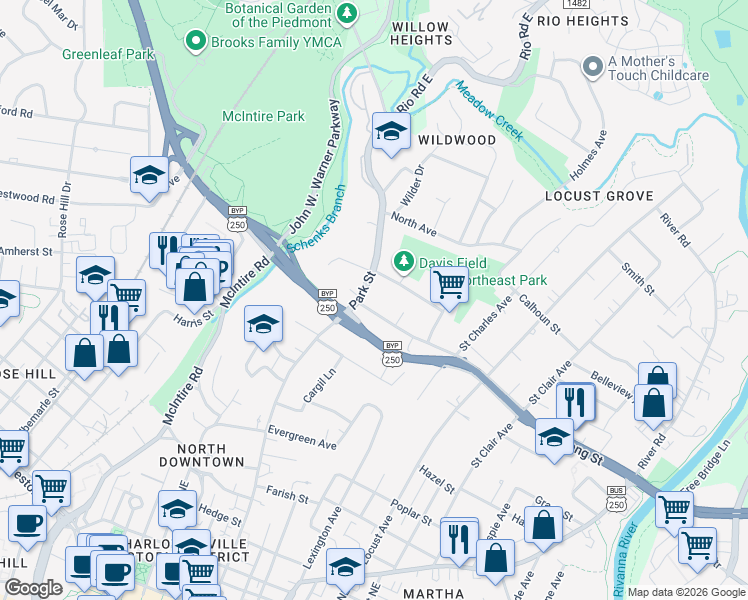 map of restaurants, bars, coffee shops, grocery stores, and more near 1007 Park Street in Charlottesville