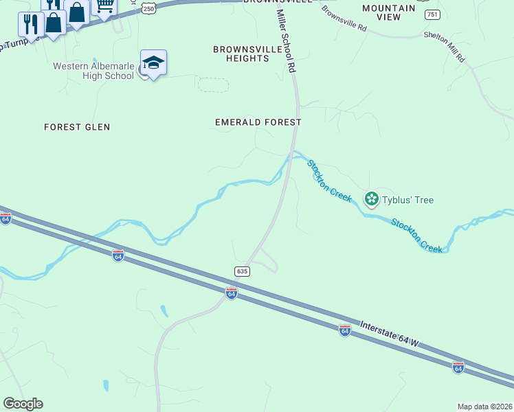 map of restaurants, bars, coffee shops, grocery stores, and more near 318 Miller School Road in Charlottesville
