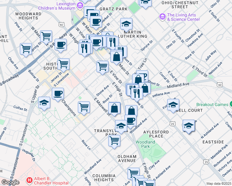 map of restaurants, bars, coffee shops, grocery stores, and more near 270 East High Street in Lexington