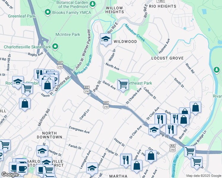 map of restaurants, bars, coffee shops, grocery stores, and more near 620 Davis Avenue in Charlottesville