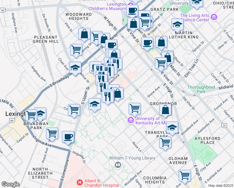 map of restaurants, bars, coffee shops, grocery stores, and more near 326 South Martin Luther King Boulevard in Lexington