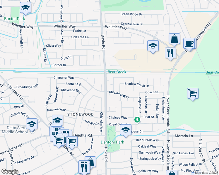 map of restaurants, bars, coffee shops, grocery stores, and more near 9836 Overland Place in Stockton