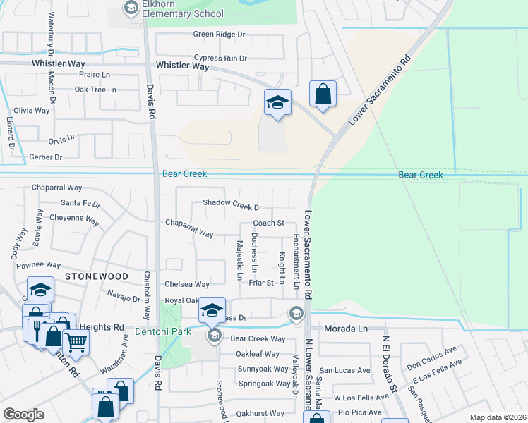 map of restaurants, bars, coffee shops, grocery stores, and more near 9813 Gentle Ben Court in Stockton