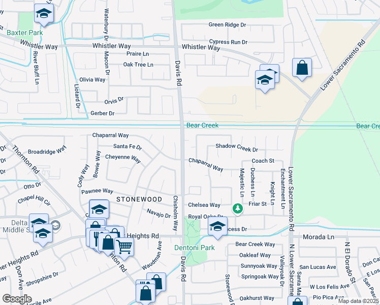 map of restaurants, bars, coffee shops, grocery stores, and more near 9836 Overland Place in Stockton