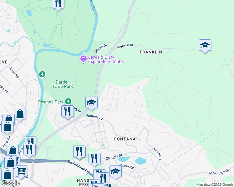 map of restaurants, bars, coffee shops, grocery stores, and more near 1495 Stony Point Road in Charlottesville