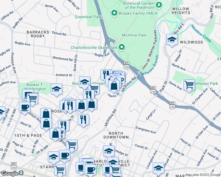 map of restaurants, bars, coffee shops, grocery stores, and more near 1739 Allied Lane in Charlottesville