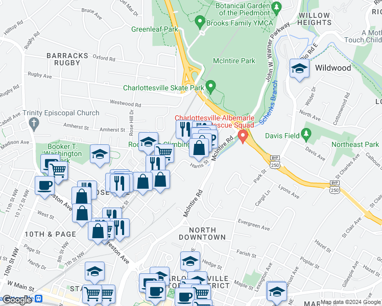 map of restaurants, bars, coffee shops, grocery stores, and more near 1739 Allied Lane in Charlottesville