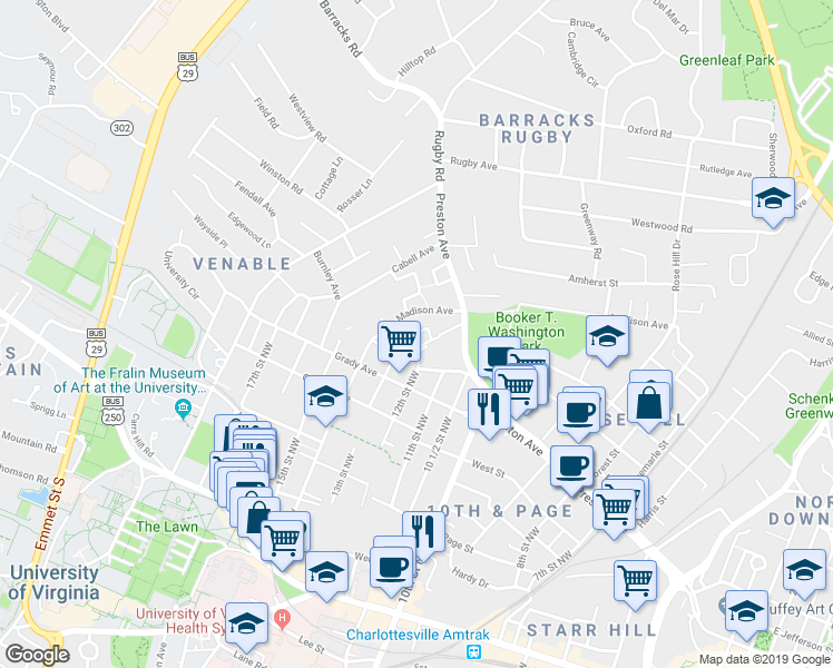 map of restaurants, bars, coffee shops, grocery stores, and more near 734 Madison Avenue in Charlottesville