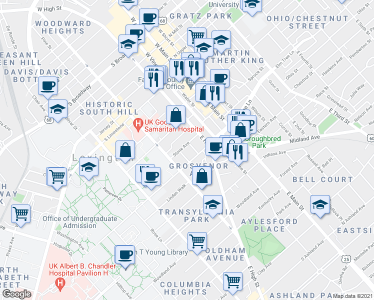 map of restaurants, bars, coffee shops, grocery stores, and more near 223 Stone Avenue in Lexington