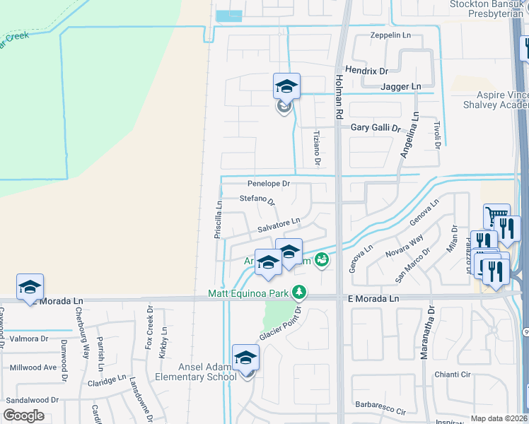 map of restaurants, bars, coffee shops, grocery stores, and more near 3150 Stefano Drive in Stockton
