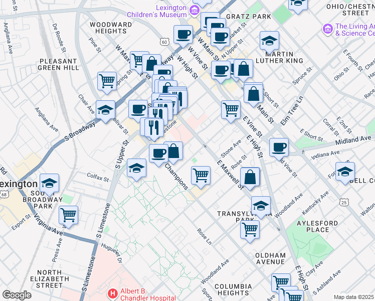 map of restaurants, bars, coffee shops, grocery stores, and more near 326 South Martin Luther King Boulevard in Lexington