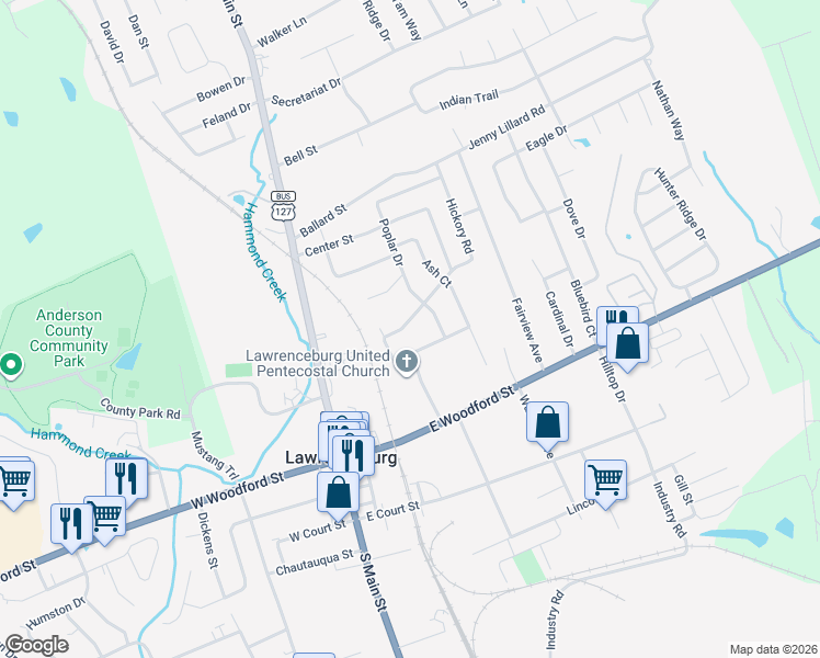 map of restaurants, bars, coffee shops, grocery stores, and more near 506 Hickory Drive in Lawrenceburg