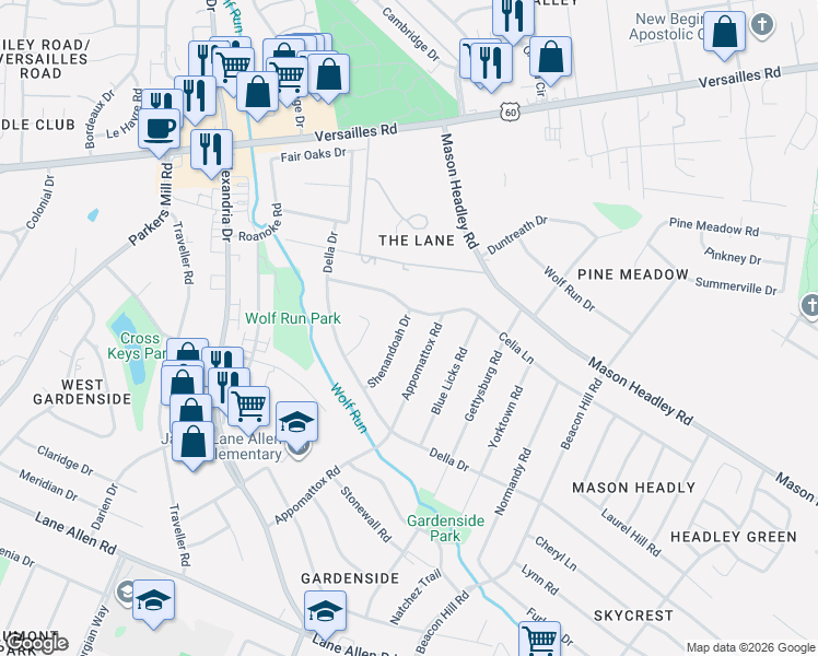 map of restaurants, bars, coffee shops, grocery stores, and more near 1704 Shenandoah Drive in Lexington