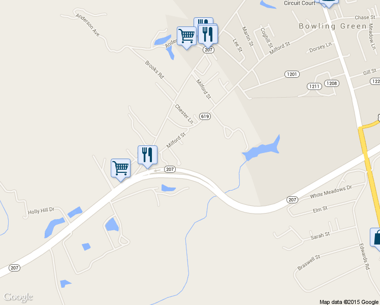 map of restaurants, bars, coffee shops, grocery stores, and more near 16296 Milford Street in Bowling Green