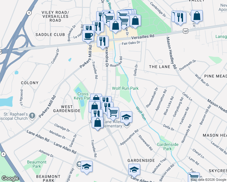 map of restaurants, bars, coffee shops, grocery stores, and more near 1646 Maywick View Lane in Lexington