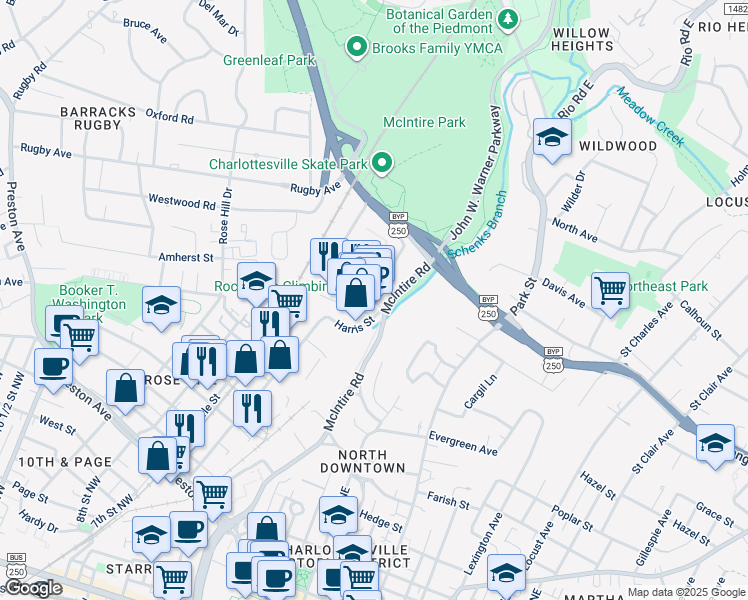 map of restaurants, bars, coffee shops, grocery stores, and more near 1739 Allied Lane in Charlottesville