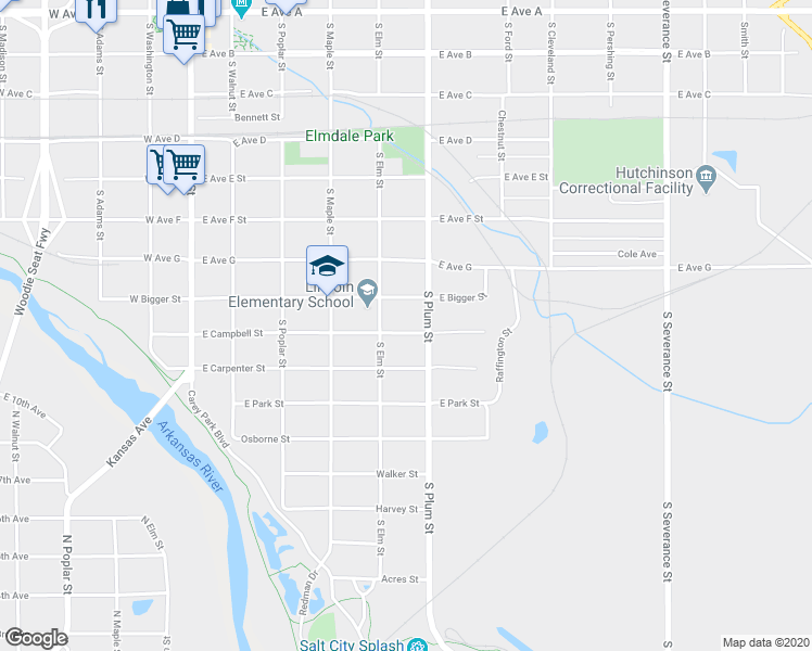 map of restaurants, bars, coffee shops, grocery stores, and more near 416 East Campbell Street in Hutchinson