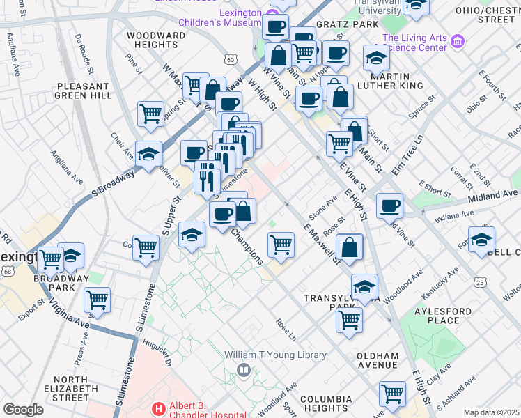 map of restaurants, bars, coffee shops, grocery stores, and more near 326 South Martin Luther King Boulevard in Lexington