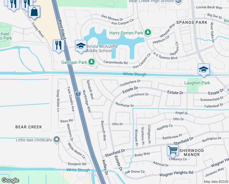map of restaurants, bars, coffee shops, grocery stores, and more near 3530 Timberlane Drive in Stockton