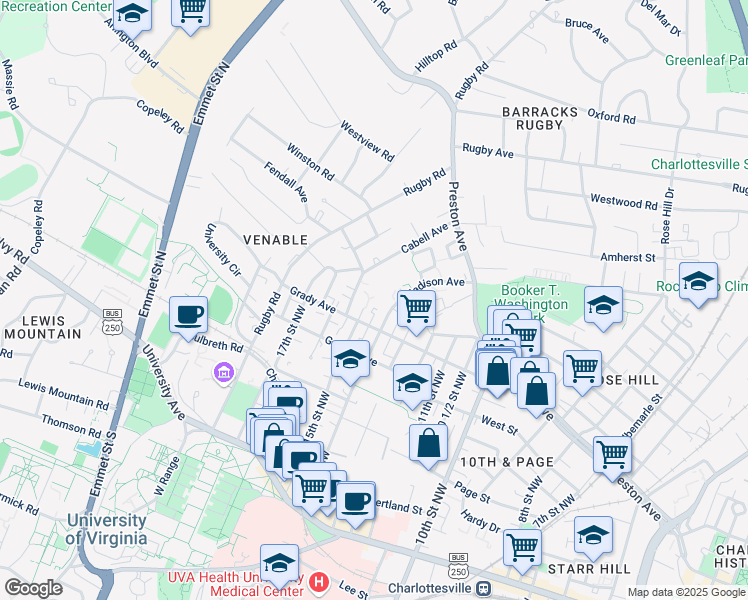 map of restaurants, bars, coffee shops, grocery stores, and more near 617 Madison Avenue in Charlottesville
