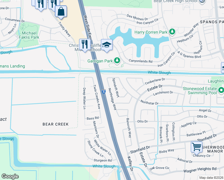 map of restaurants, bars, coffee shops, grocery stores, and more near 9802 Northridge Way in Stockton