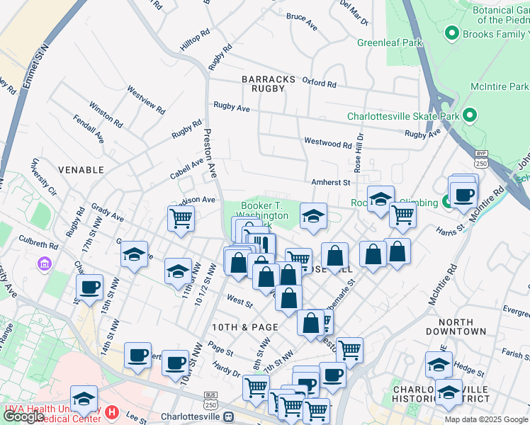 map of restaurants, bars, coffee shops, grocery stores, and more near 799 10th Street Northwest in Charlottesville