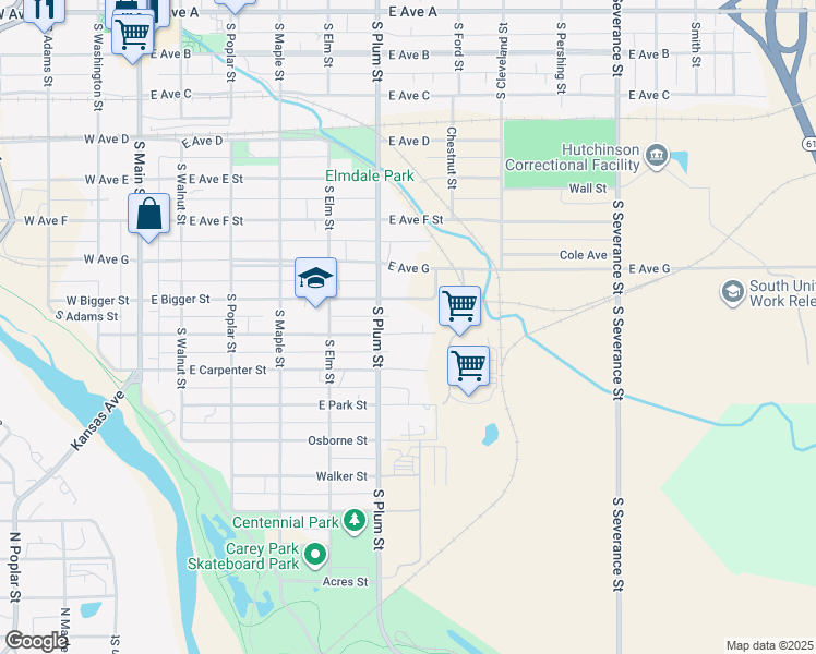 map of restaurants, bars, coffee shops, grocery stores, and more near 520 East Campbell Street in Hutchinson