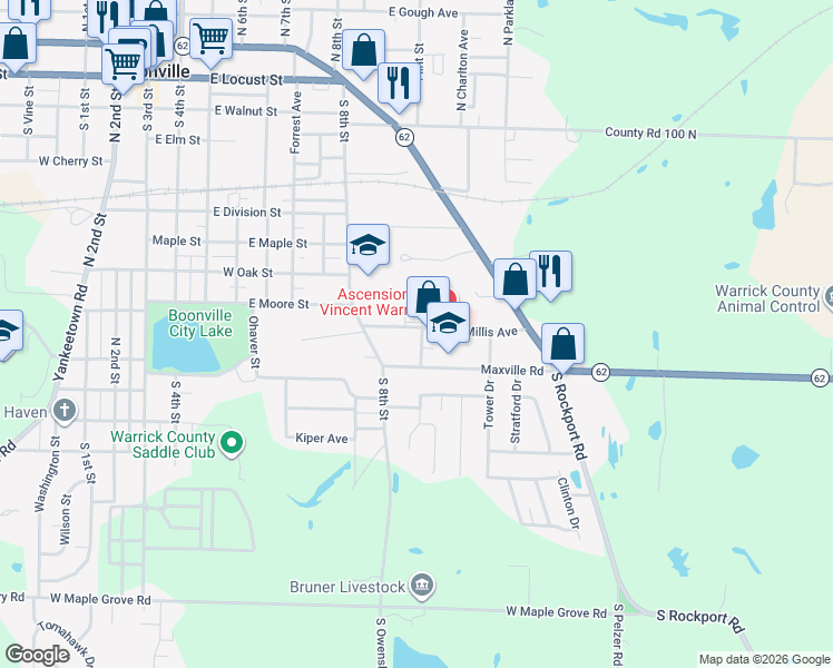 map of restaurants, bars, coffee shops, grocery stores, and more near 900-998 Millis Avenue in Boonville