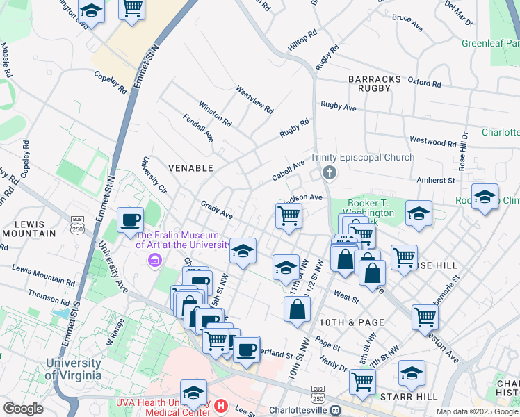 map of restaurants, bars, coffee shops, grocery stores, and more near 617 Madison Avenue in Charlottesville