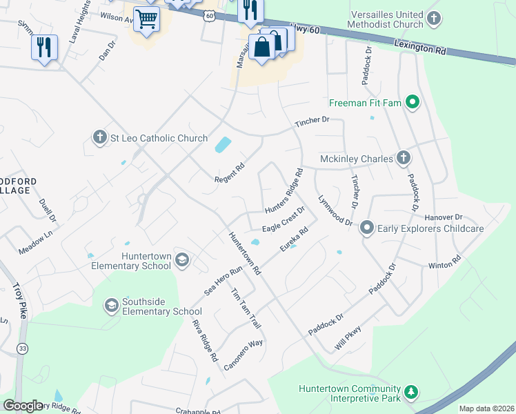 map of restaurants, bars, coffee shops, grocery stores, and more near 776 Eureka Drive in Versailles