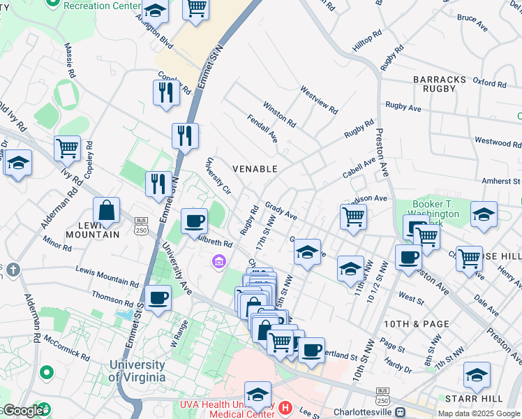 map of restaurants, bars, coffee shops, grocery stores, and more near 506 Rugby Road in Charlottesville