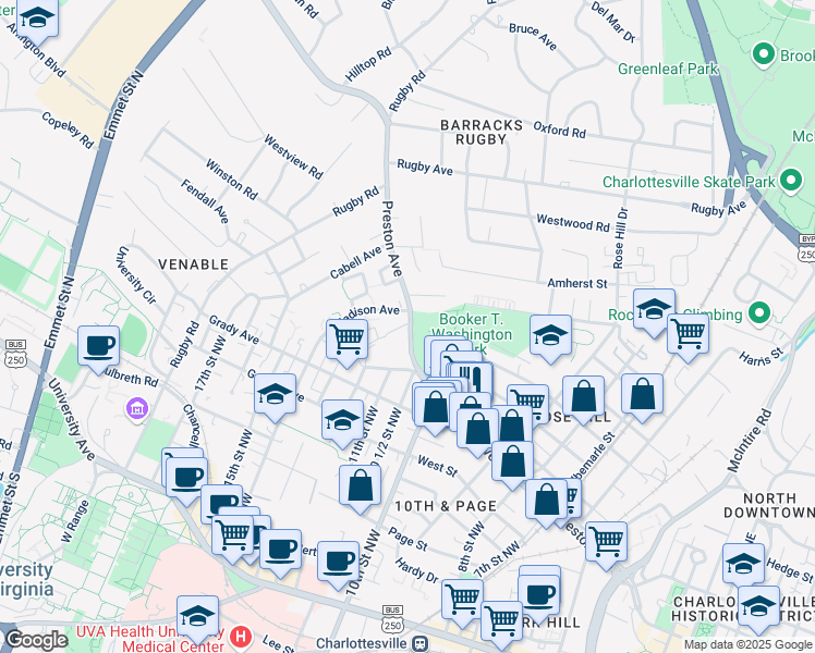 map of restaurants, bars, coffee shops, grocery stores, and more near in Charlottesville