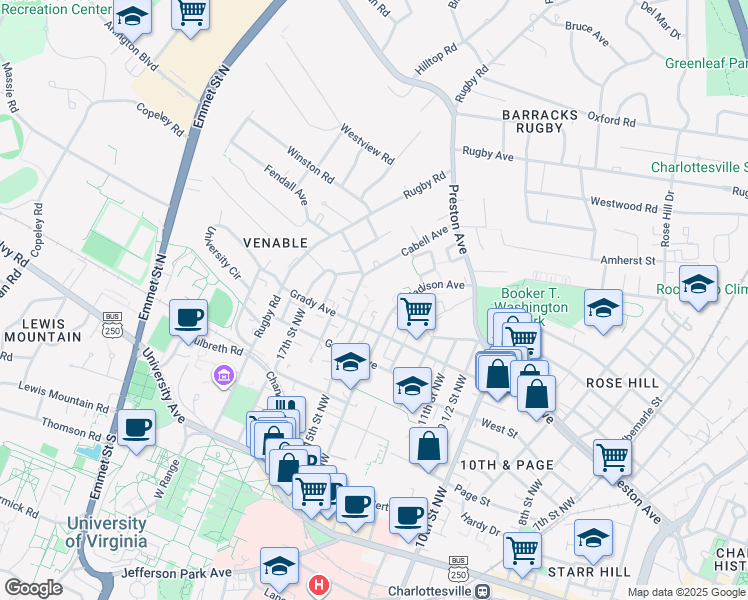 map of restaurants, bars, coffee shops, grocery stores, and more near 617 Madison Avenue in Charlottesville