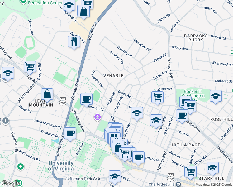 map of restaurants, bars, coffee shops, grocery stores, and more near 515 Rugby Road in Charlottesville