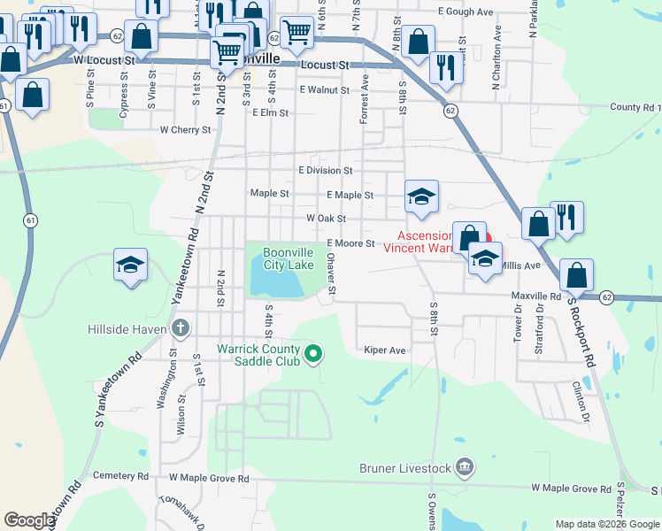 map of restaurants, bars, coffee shops, grocery stores, and more near 901 Ohaven Drive in Boonville