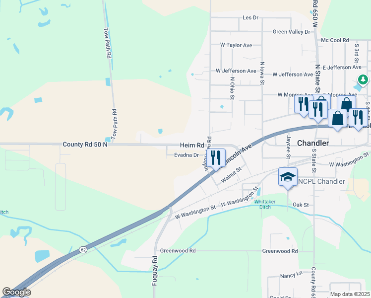 map of restaurants, bars, coffee shops, grocery stores, and more near 7065-7231 Co Road 50 North in Chandler