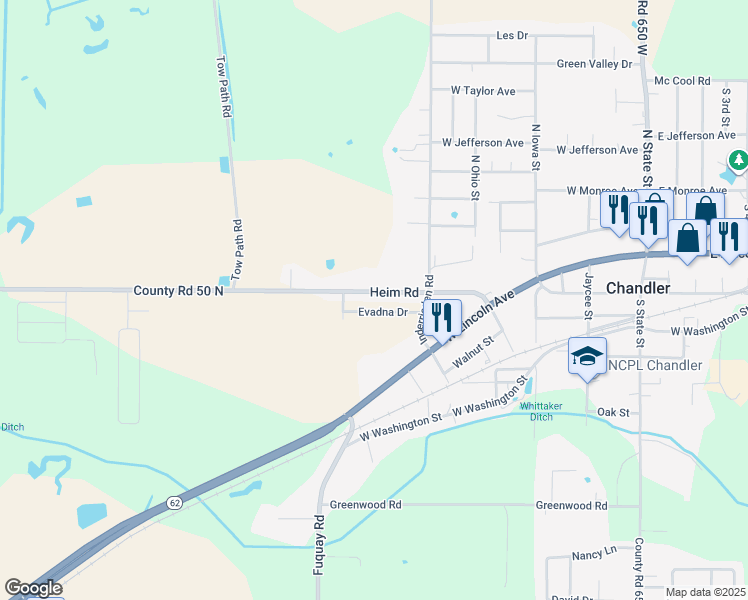 map of restaurants, bars, coffee shops, grocery stores, and more near 7065-7231 Co Road 50 North in Chandler