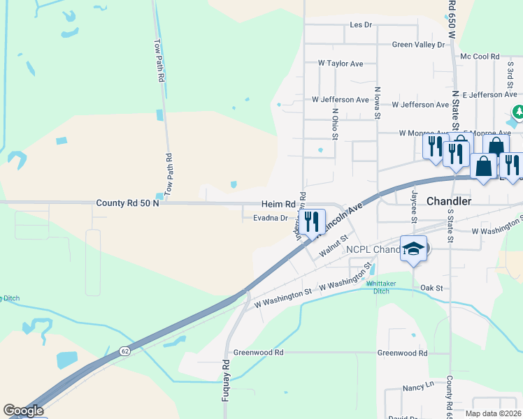 map of restaurants, bars, coffee shops, grocery stores, and more near 7065-7231 Co Road 50 North in Chandler