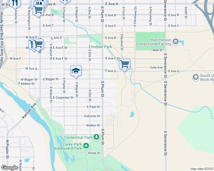 map of restaurants, bars, coffee shops, grocery stores, and more near 520 East Campbell Street in Hutchinson